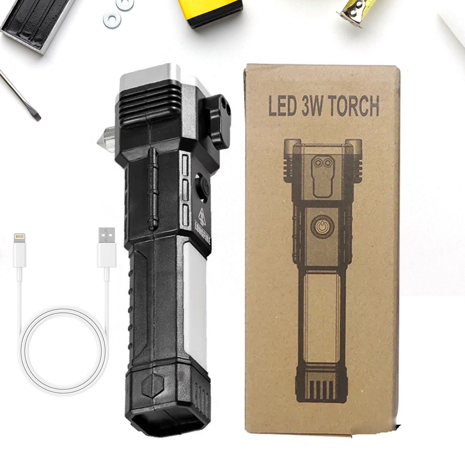 1524 Portable 3w Rechargeable Torch LED Flashlight Long Distance Beam Range, Hammer and Strong Magnets, Window Glass and Seat Belt Cutter 4 Modes for Car Camping Hiking Indoor Outdoor 1524 Portable 3w Rechargeable Torch LED Flashlight Long Distance Beam Range, Hammer and Strong Magnets, Window Glass and Seat Belt Cutter 4 Modes for Car Camping Hiking Indoor Outdoor
